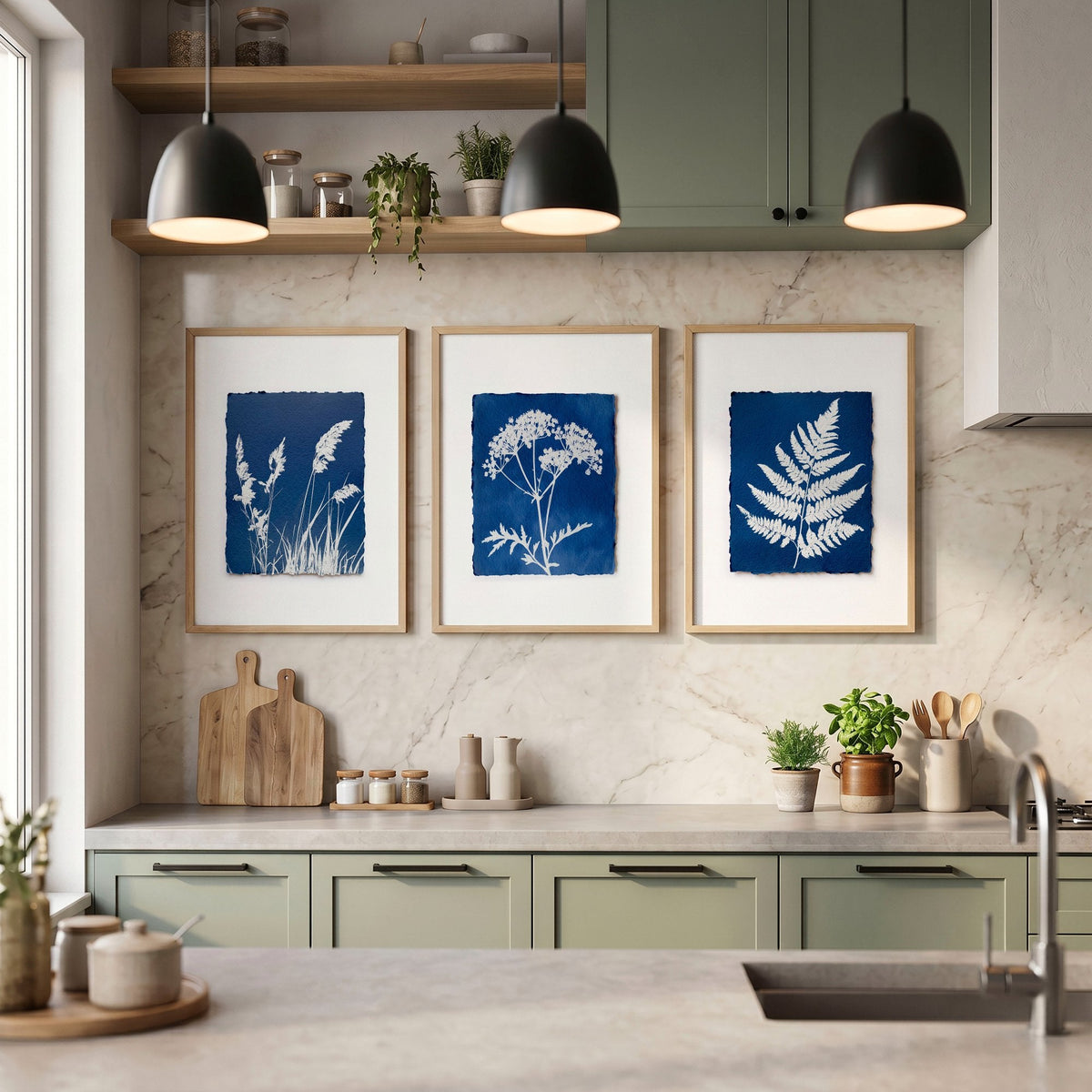 Wall Paintings for Kitchen Indigo Cyanotype Botanical Nature Prints | Set of 3
