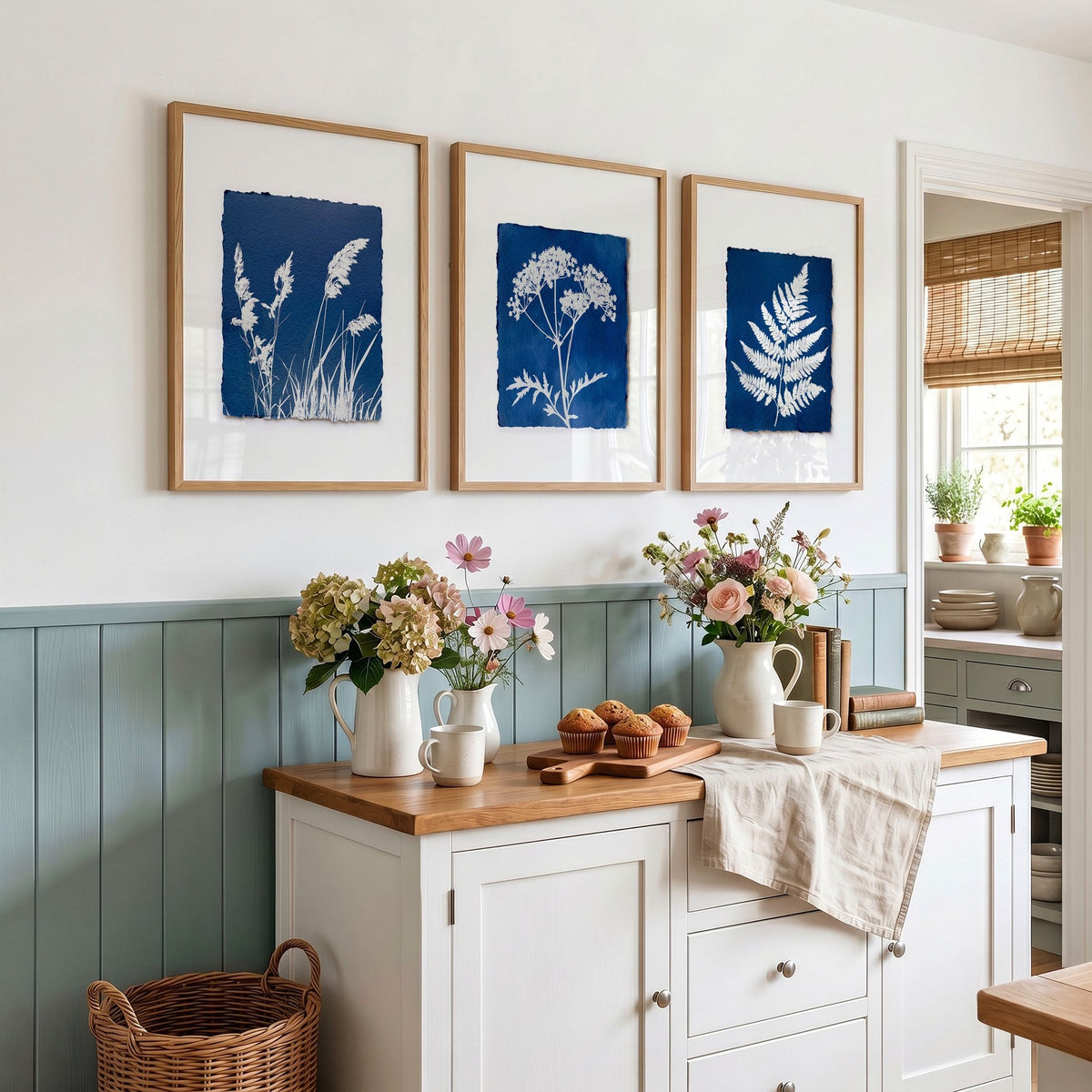 Wall Paintings for Kitchen Indigo Cyanotype Botanical Nature Prints | Set of 3