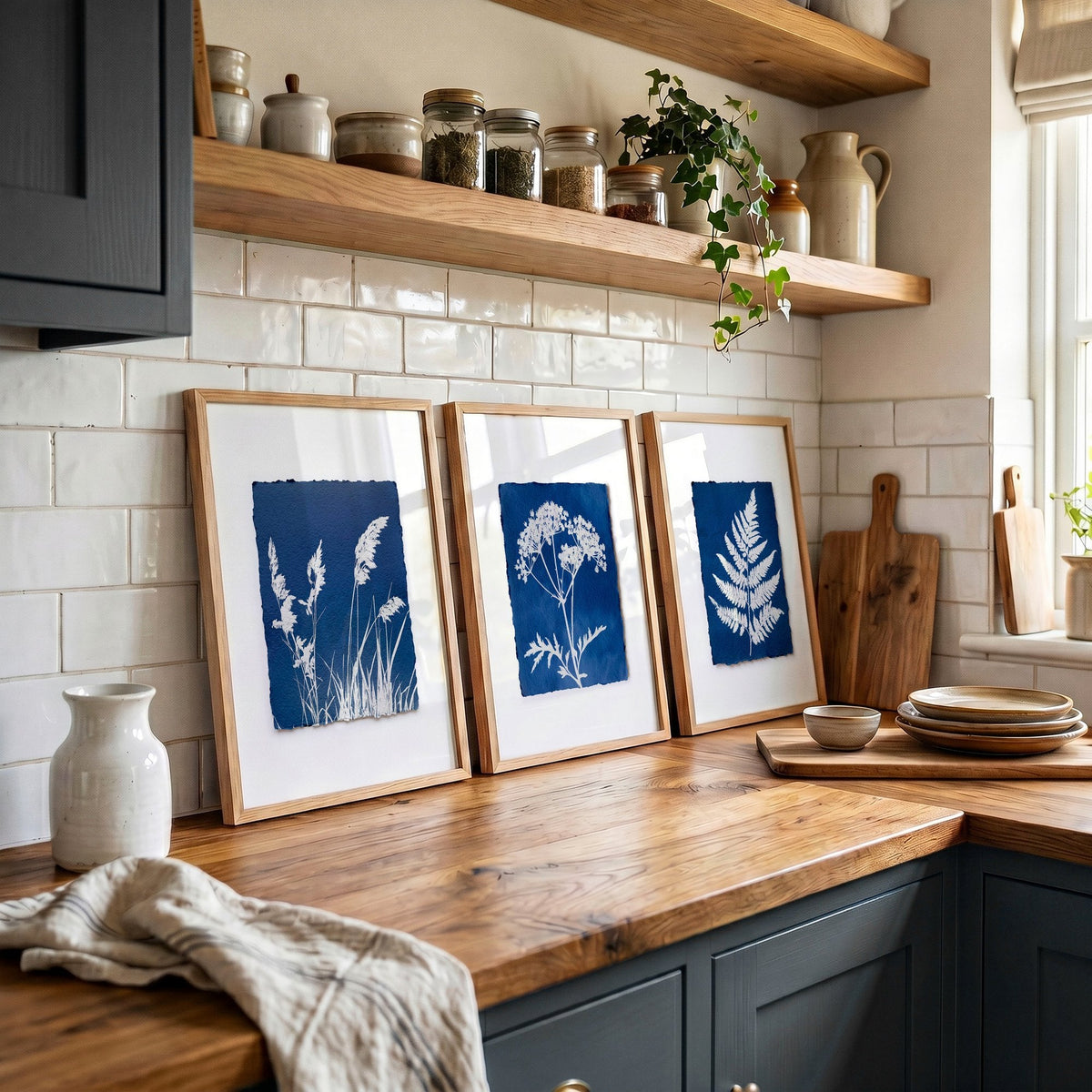 Wall Paintings for Kitchen Indigo Cyanotype Botanical Nature Prints | Set of 3