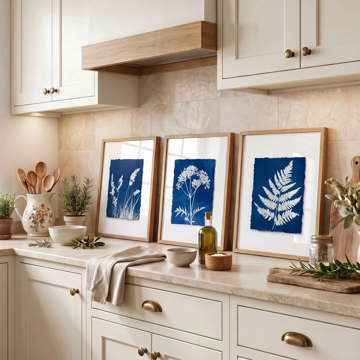 Wall Paintings for Kitchen Indigo Cyanotype Botanical Nature Prints | Set of 3