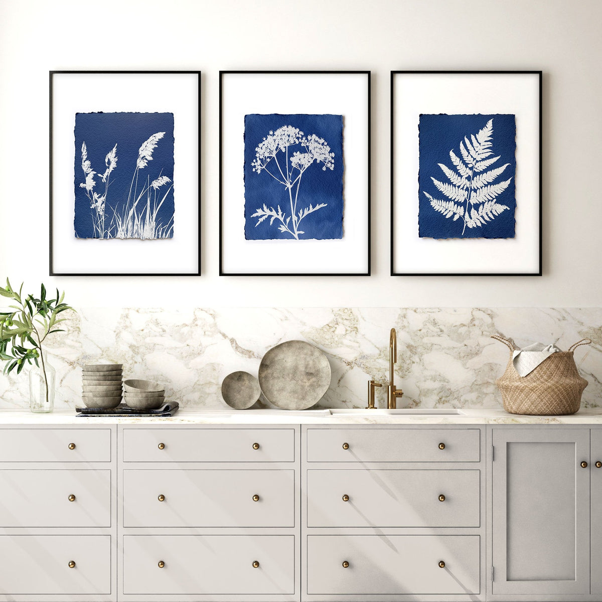 Wall Paintings for Kitchen Indigo Cyanotype Botanical Nature Prints | Set of 3