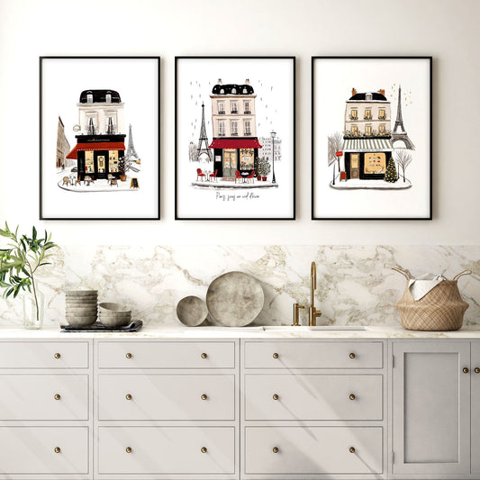Wall Picture Kitchen Paris Street Café Scene Beige, Black & Red Art Prints | "Paris sous un ciel d'hiver" | Set of 3