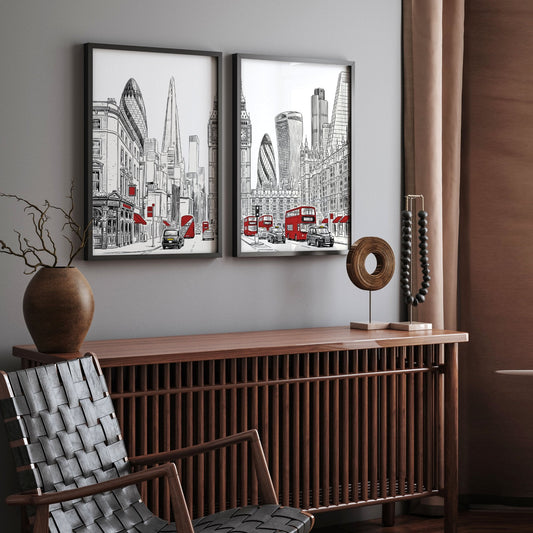 Wall Pictures Living Room London Skyline Black, White & Red Art Prints | Set of 2