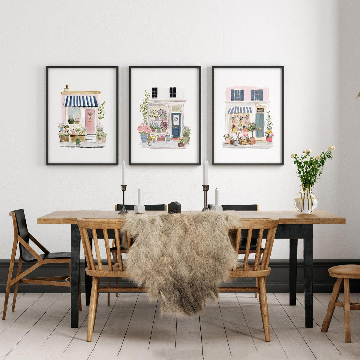 Wall Prints Blue Flower Shop Country Cottage Watercolour Art | Set of 3