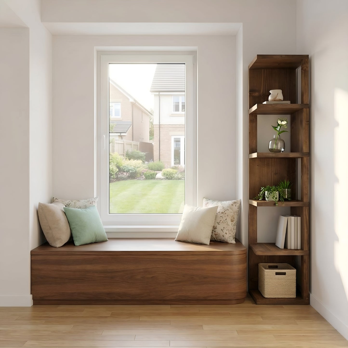 Valora Solid Wood Corner Bookshelf In Walnut Colour – Natural Finish Open Bookcase, Rustic Scandinavian Design