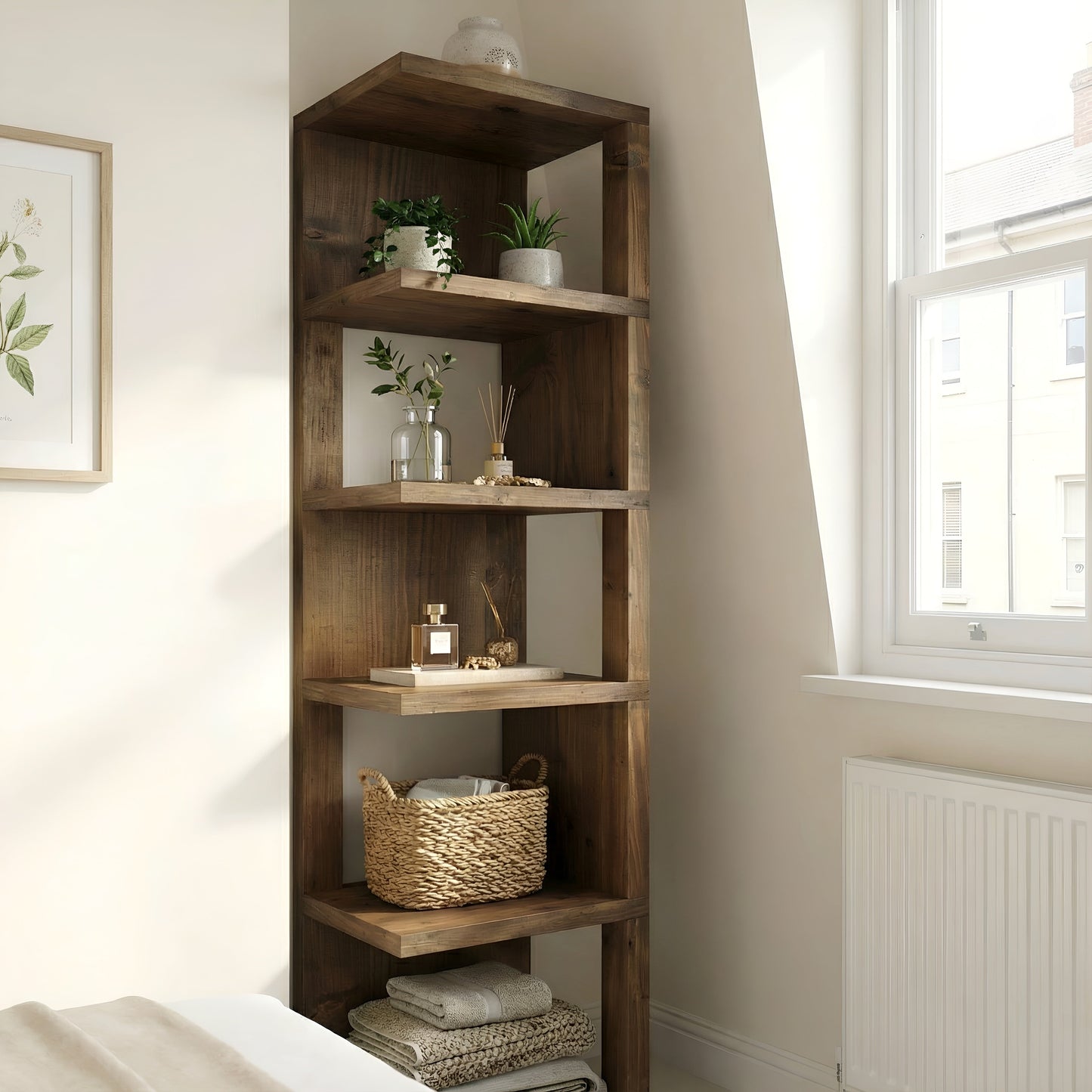 Valora Solid Wood Corner Bookshelf In Walnut Colour – Natural Finish Open Bookcase, Rustic Scandinavian Design