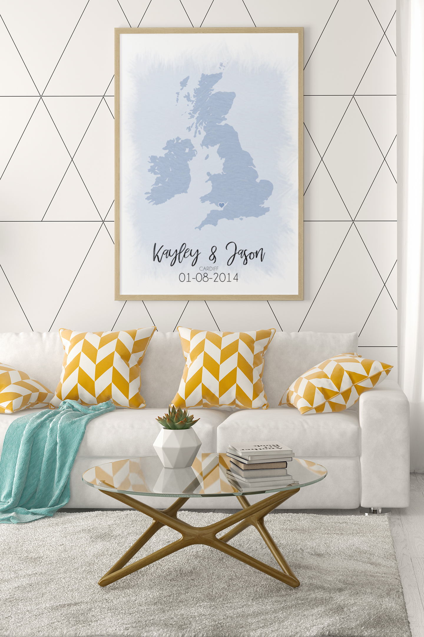 Couples United Kingdom Map with Special Dates & Heart Personalised Wall Decor Print with 10 New Styles