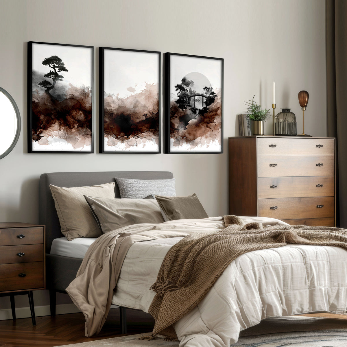 Watercolour Paintings Japanese Landscape Bonsai Tree & Bridge Wall Art Prints | Set of 3
