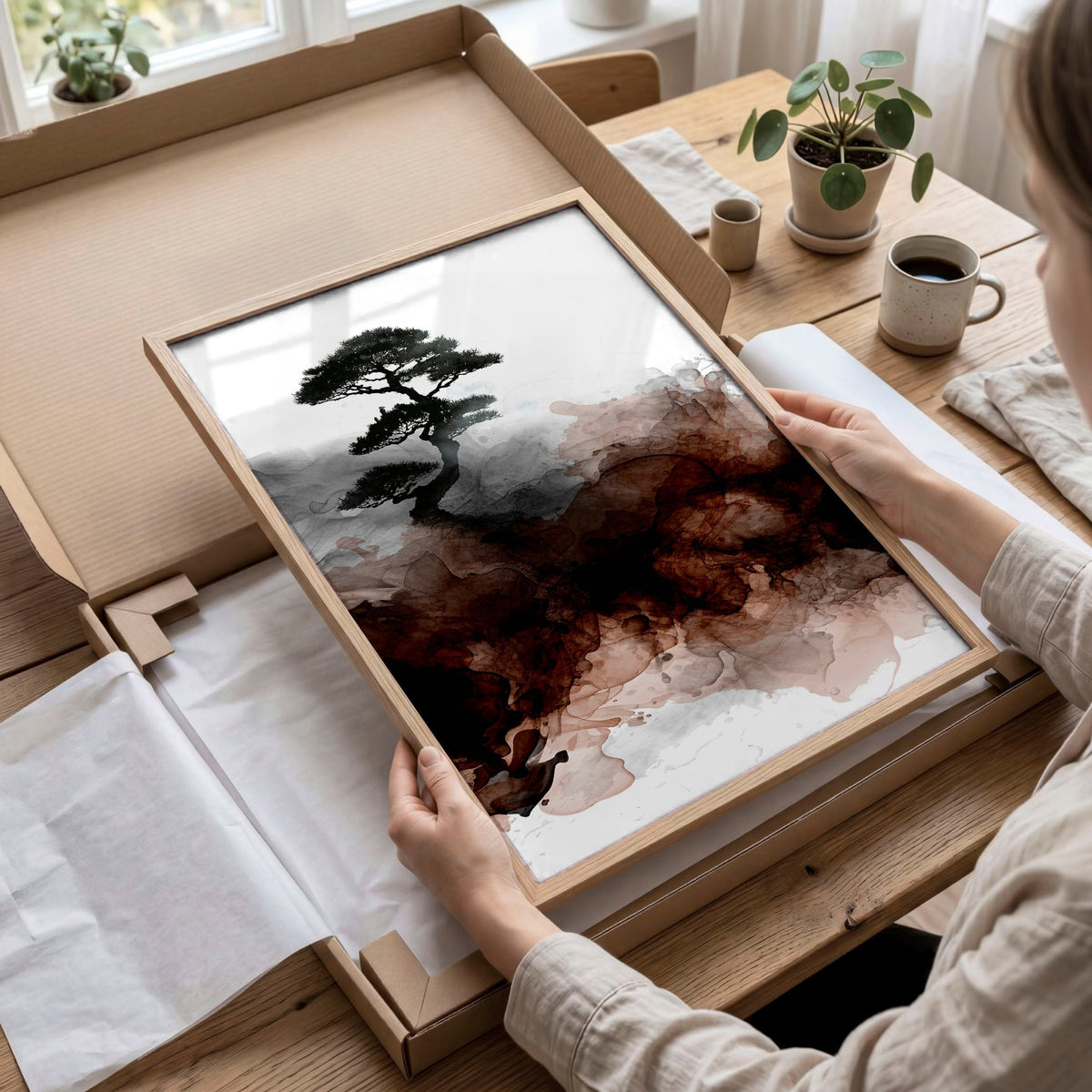 Watercolour Paintings Japanese Landscape Bonsai Tree & Bridge Wall Art Prints | Set of 3