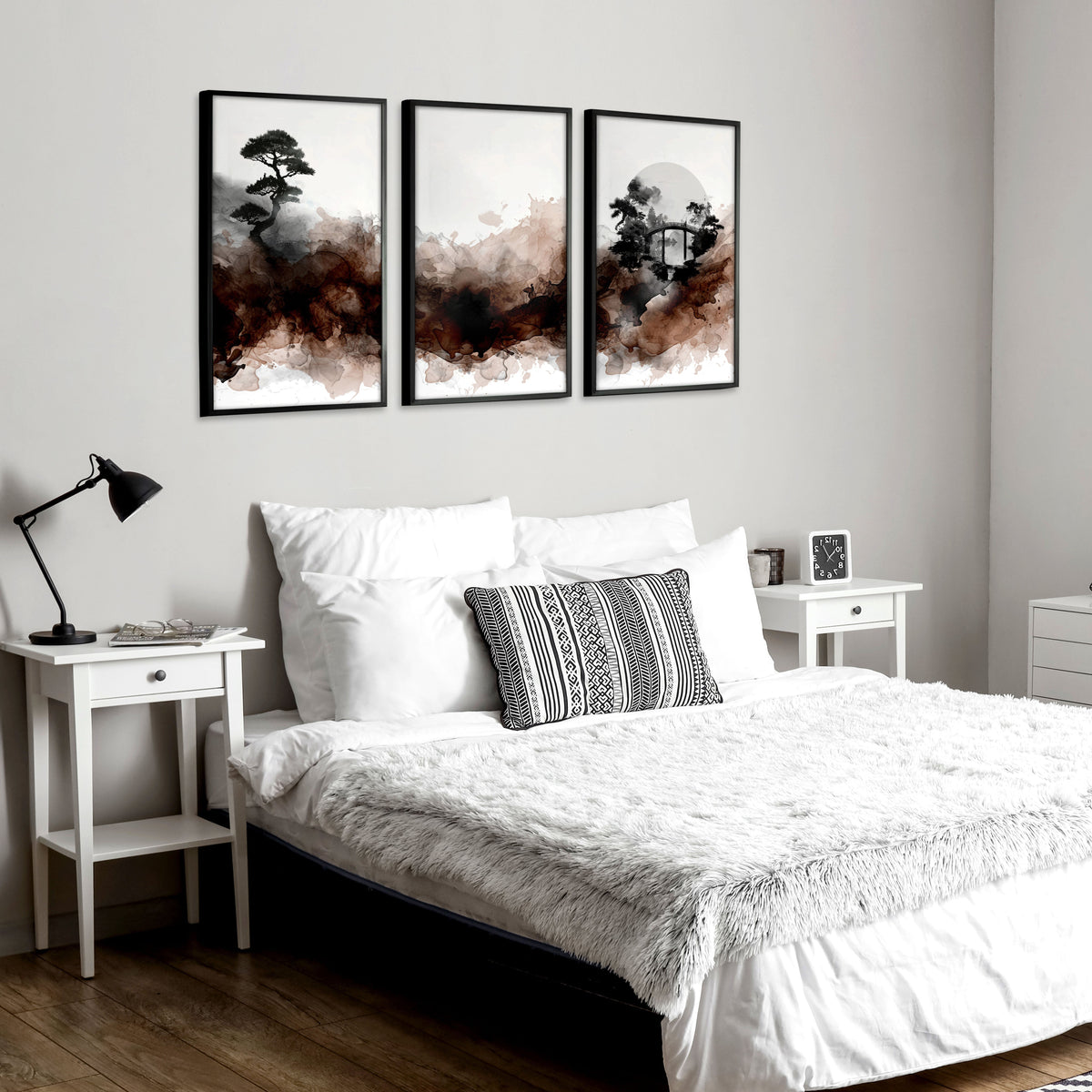 Watercolour Paintings Japanese Landscape Bonsai Tree & Bridge Wall Art Prints | Set of 3