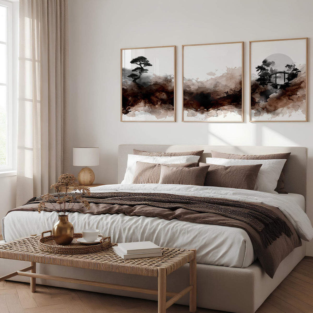 Watercolour Paintings Japanese Landscape Bonsai Tree & Bridge Wall Art Prints | Set of 3