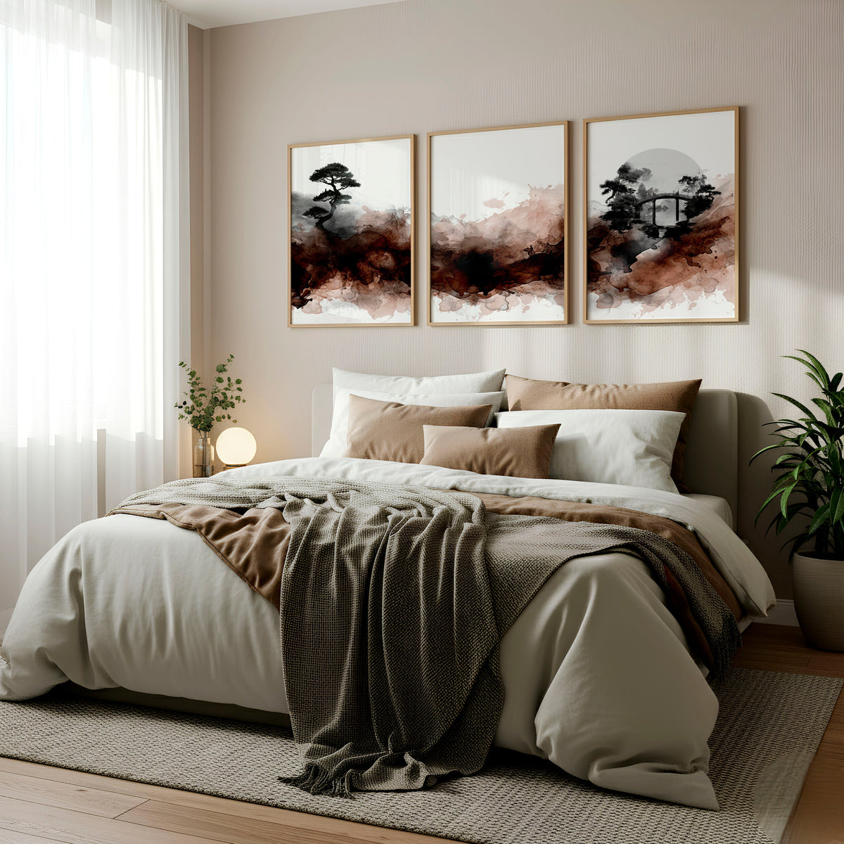 Watercolour Paintings Japanese Landscape Bonsai Tree & Bridge Wall Art Prints | Set of 3