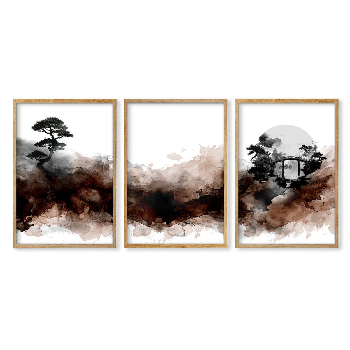 Watercolour Paintings Japanese Landscape Bonsai Tree & Bridge Wall Art Prints | Set of 3