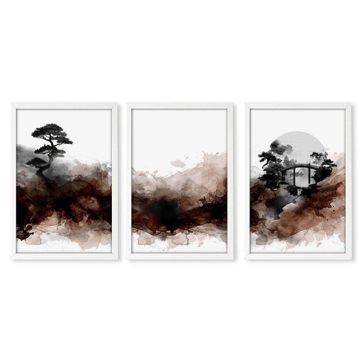 Watercolour Paintings Japanese Landscape Bonsai Tree & Bridge Wall Art Prints | Set of 3