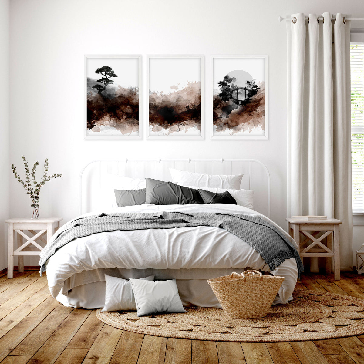 Watercolour Paintings Japanese Landscape Bonsai Tree & Bridge Wall Art Prints | Set of 3