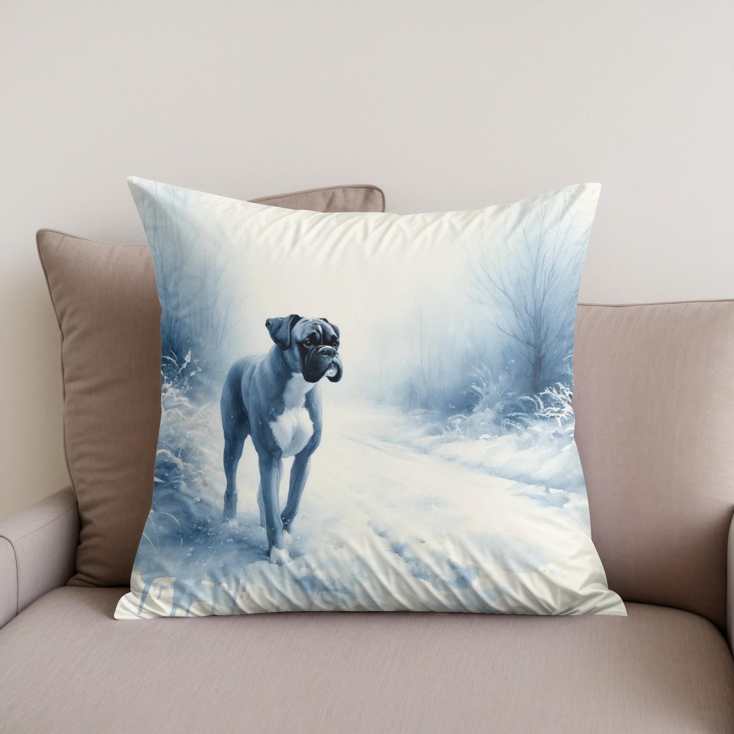 Boxer's Winter Walk Snowy Scene Cotton Cushion