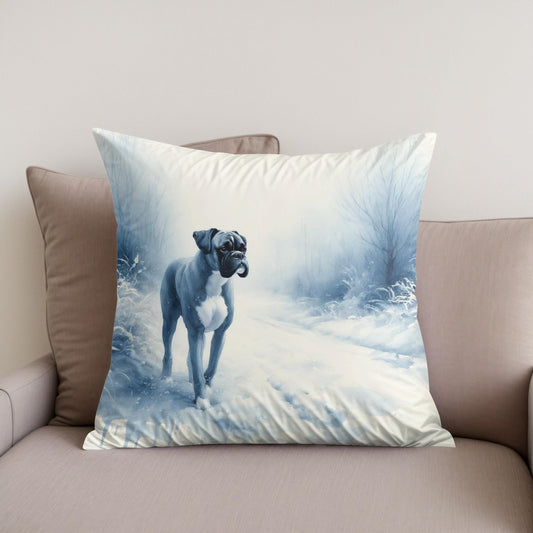 Boxer's Winter Walk Snowy Scene Cotton Cushion
