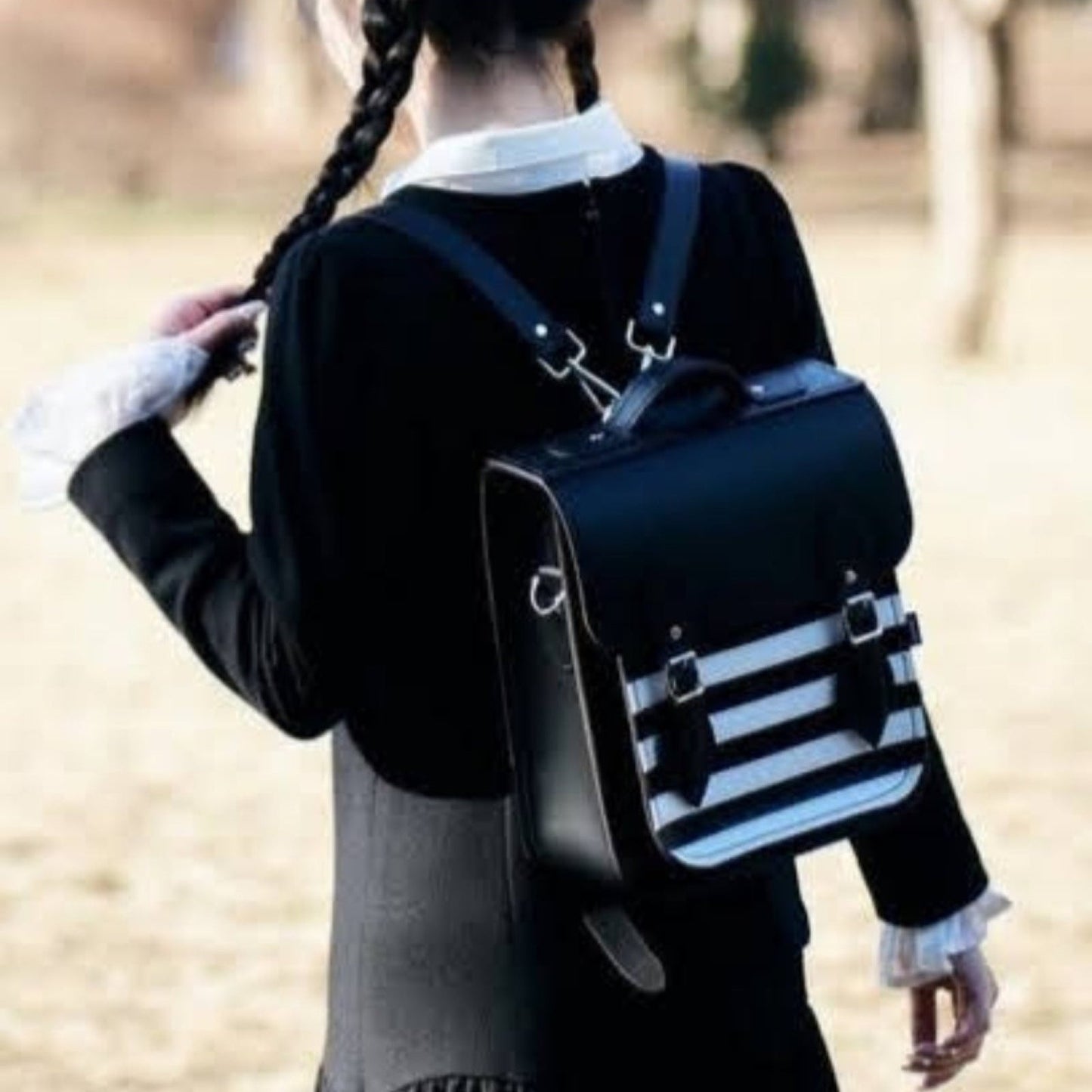 Handmade Leather City Backpack - Gothic Striped White & Black