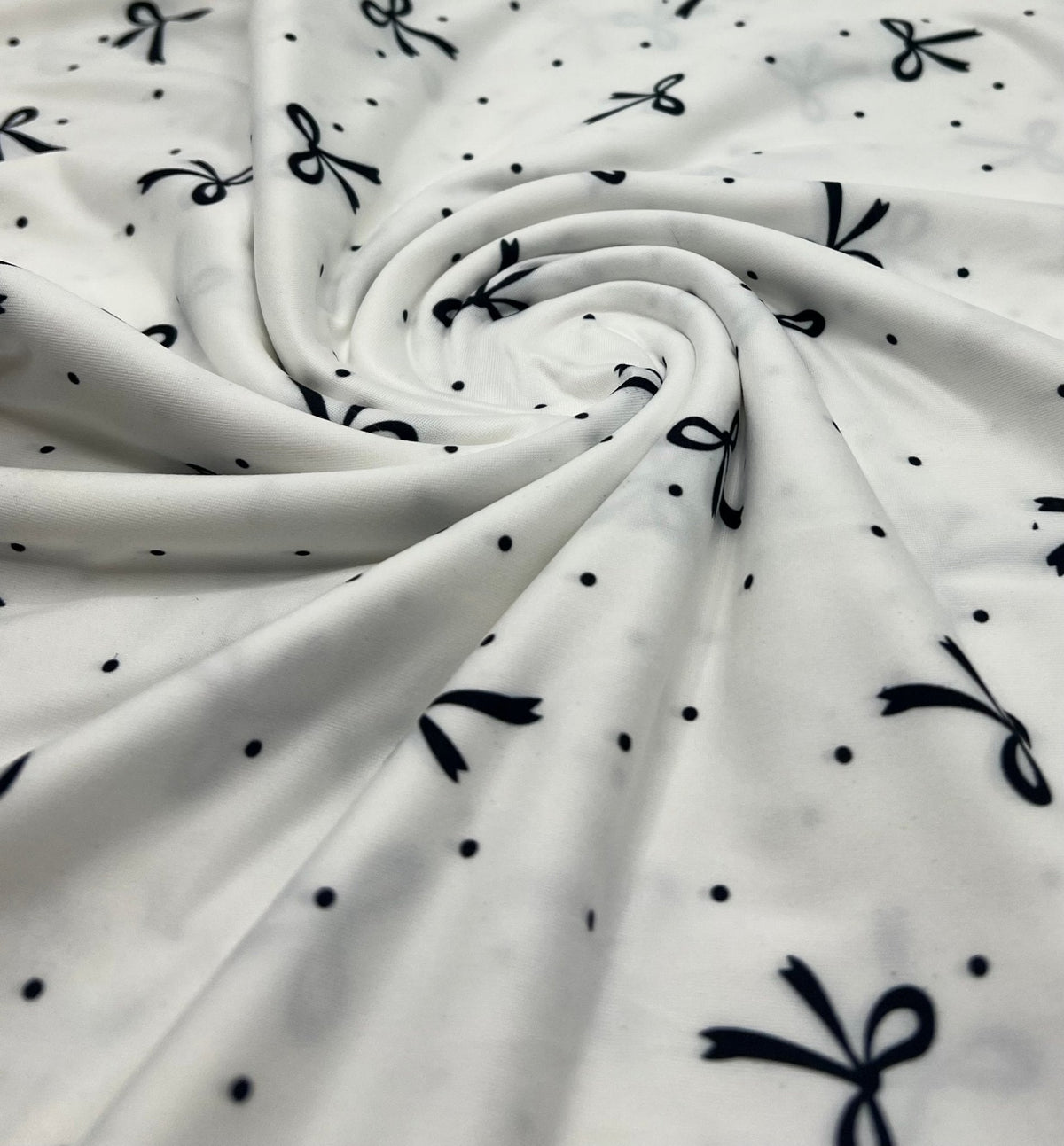 White Black Bow Spot Super Soft Print Spun Poly Stretch Fabric
