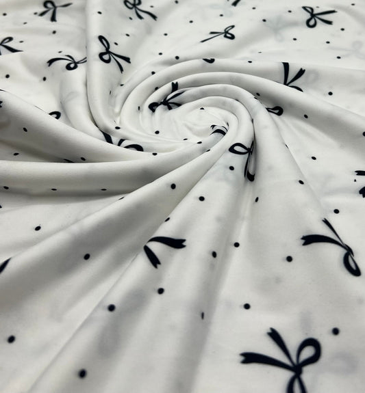 White Black Bow Spot Super Soft Print Spun Poly Stretch Fabric
