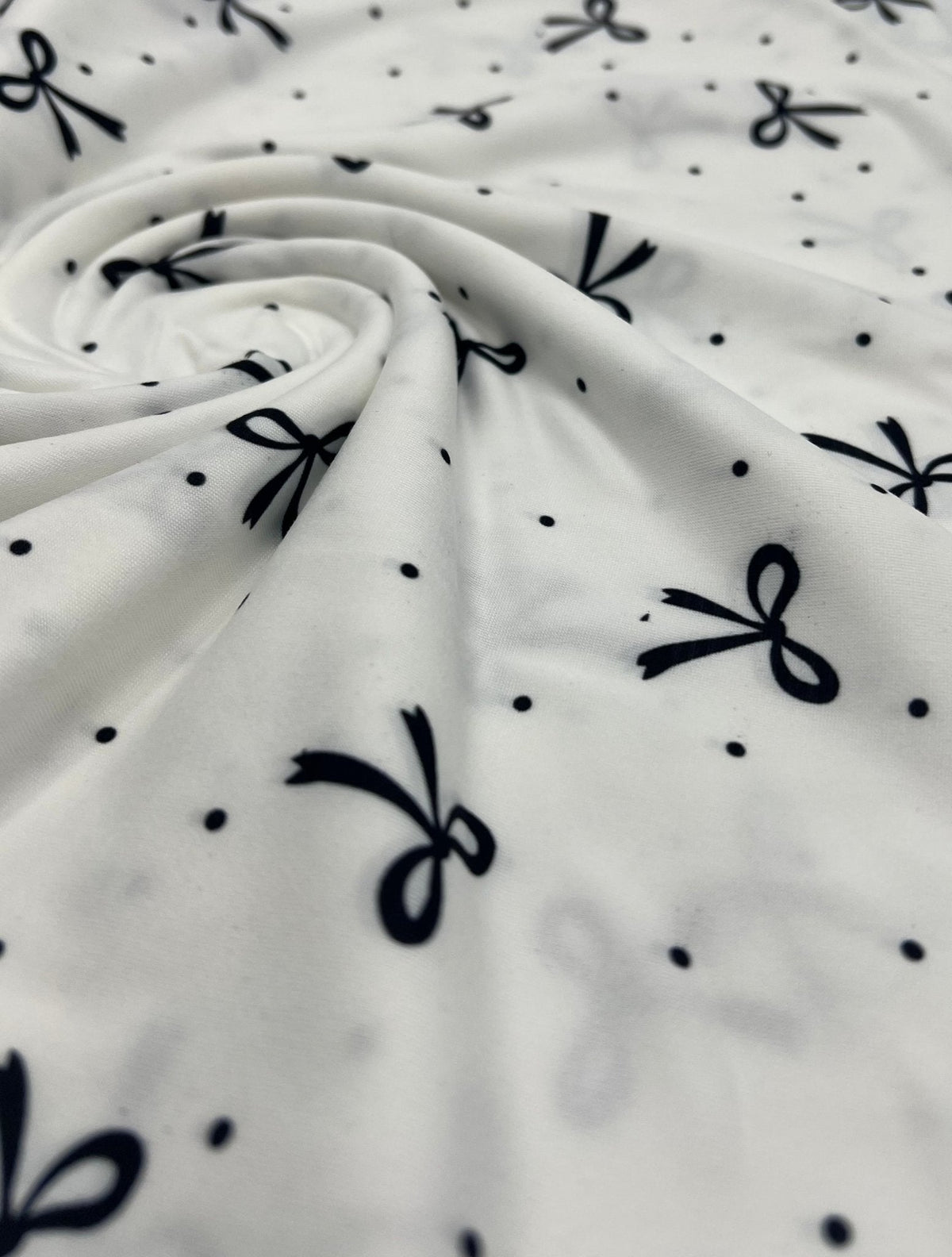 White Black Bow Spot Super Soft Print Spun Poly Stretch Fabric