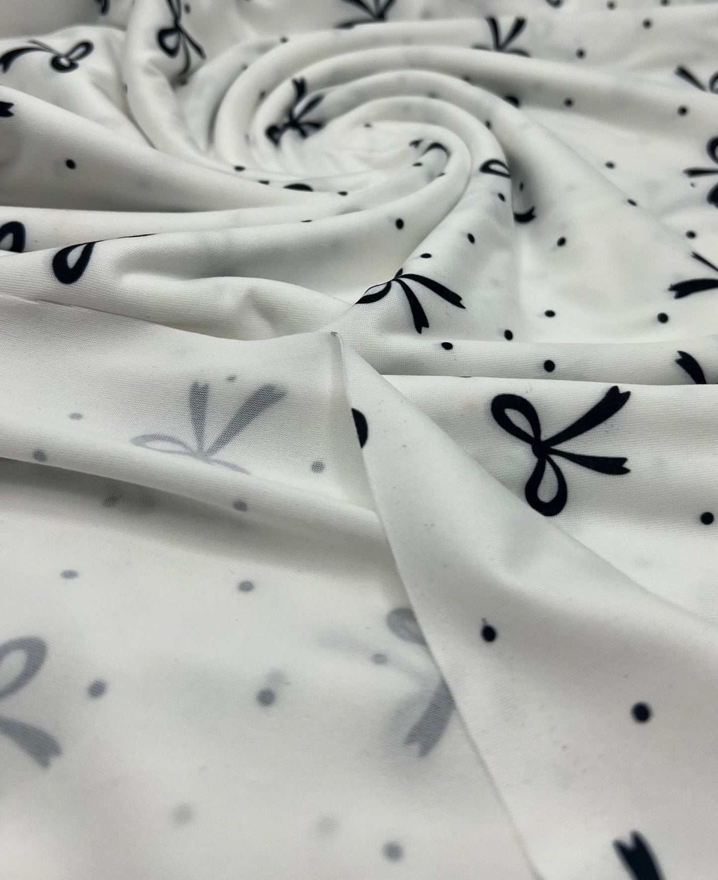 White Black Bow Spot Super Soft Print Spun Poly Stretch Fabric