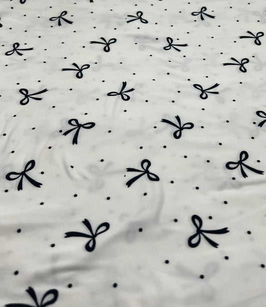 White Black Bow Spot Super Soft Print Spun Poly Stretch Fabric