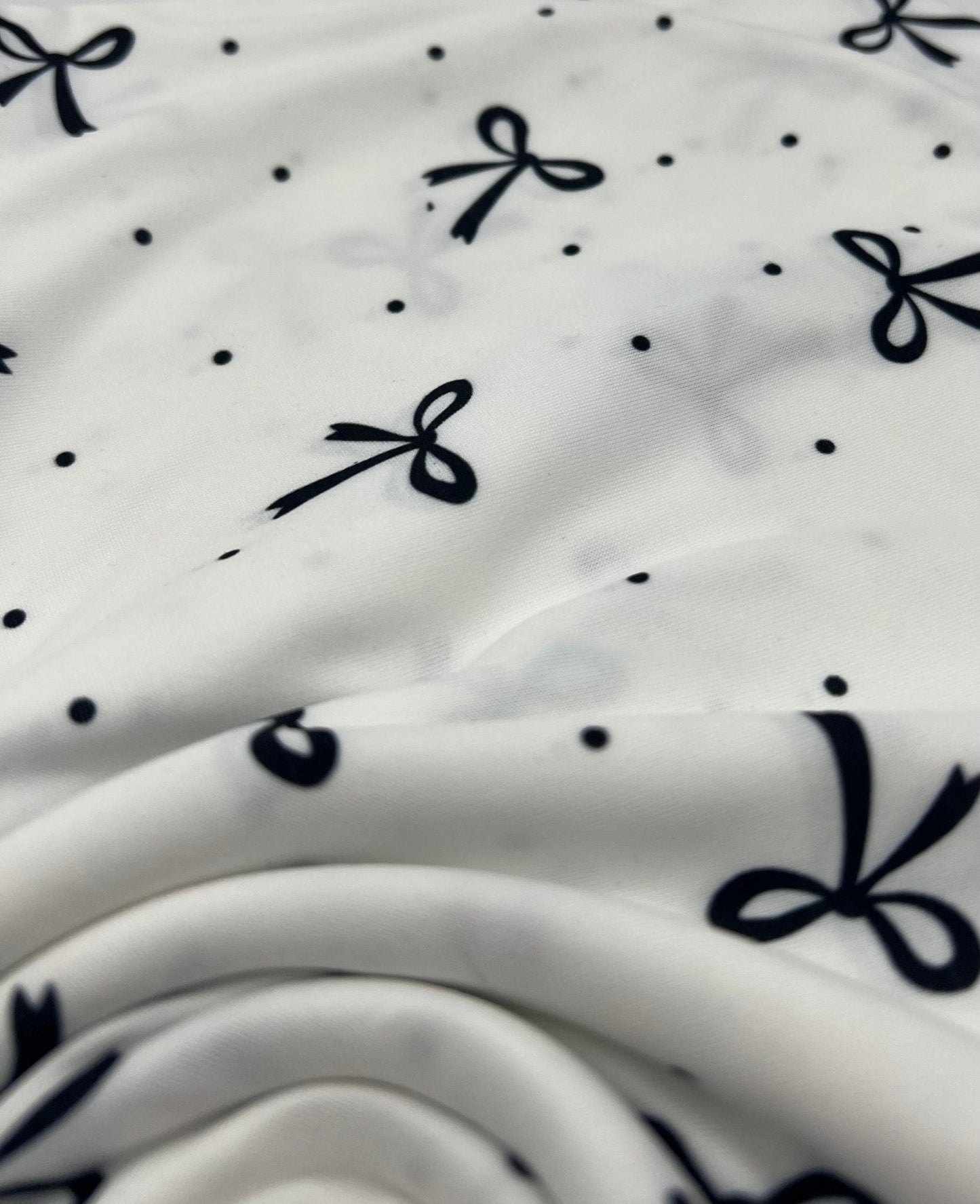 White Black Bow Spot Super Soft Print Spun Poly Stretch Fabric