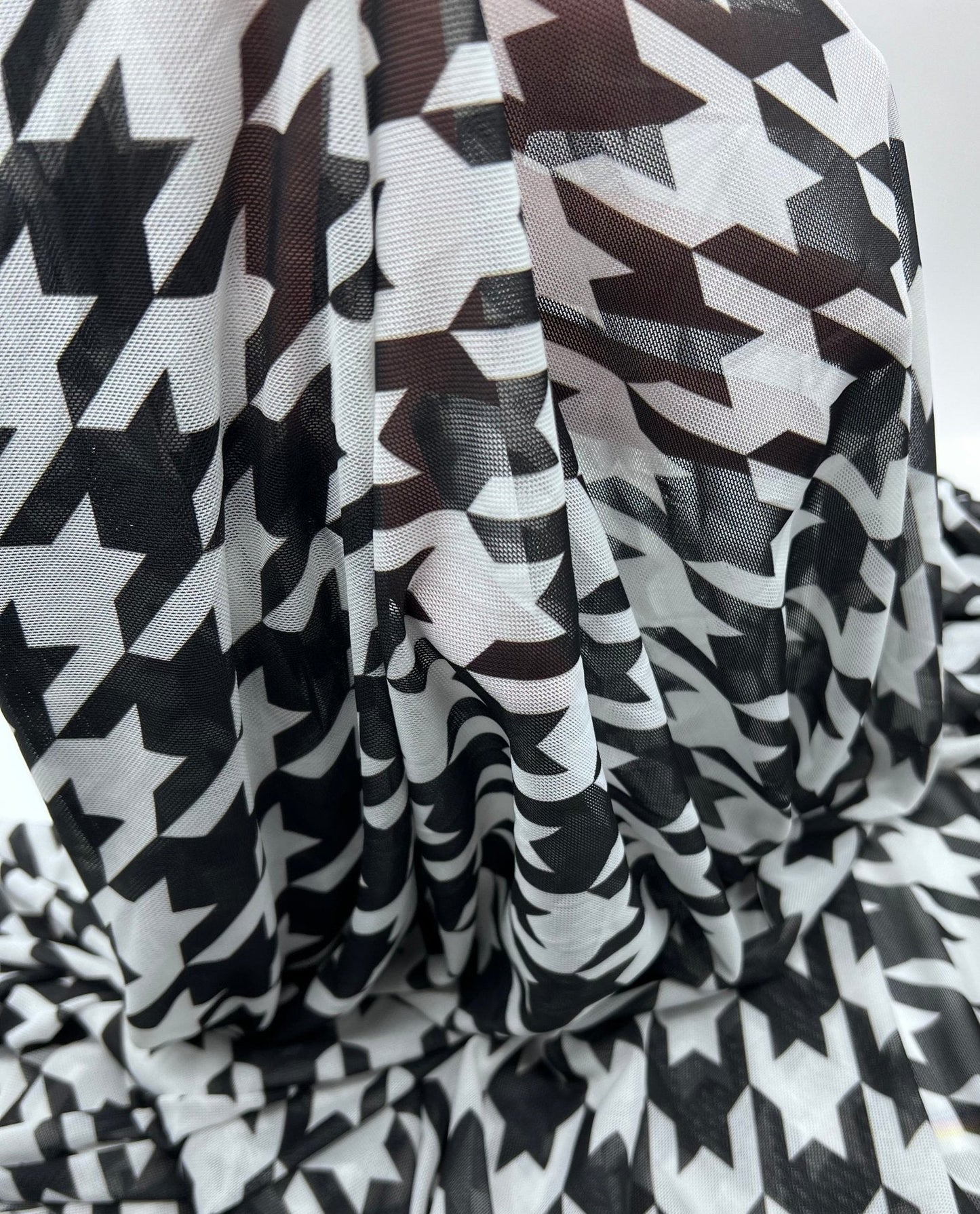White Black Dogtooth Mesh Fabric Stretch