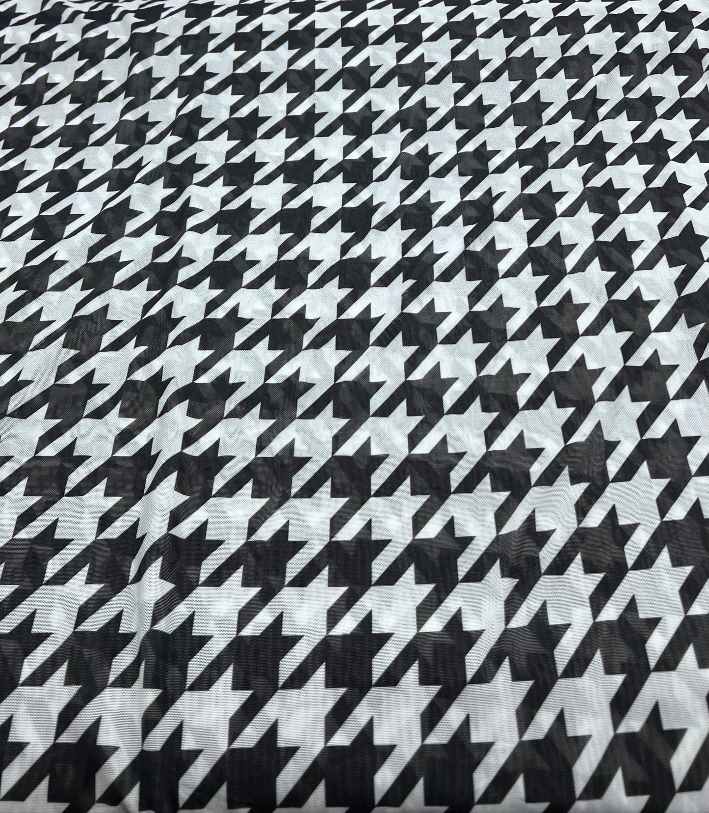 White Black Dogtooth Mesh Fabric Stretch