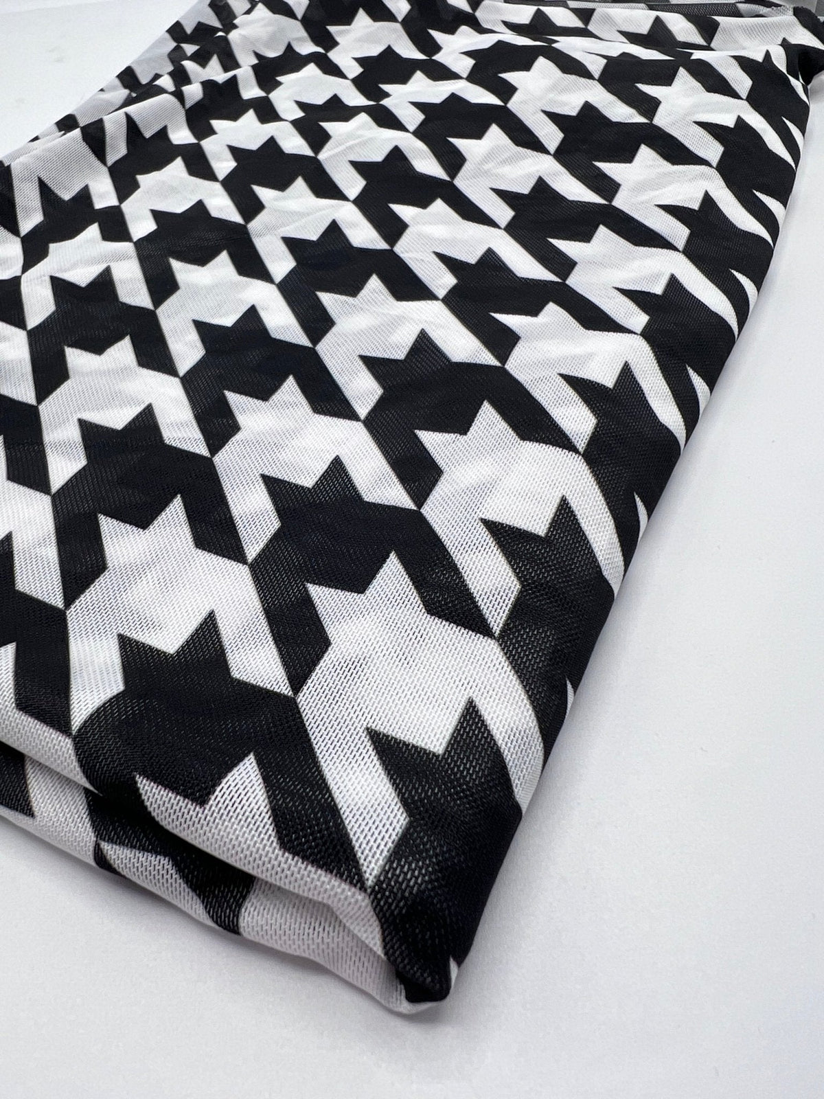 White Black Dogtooth Mesh Fabric Stretch