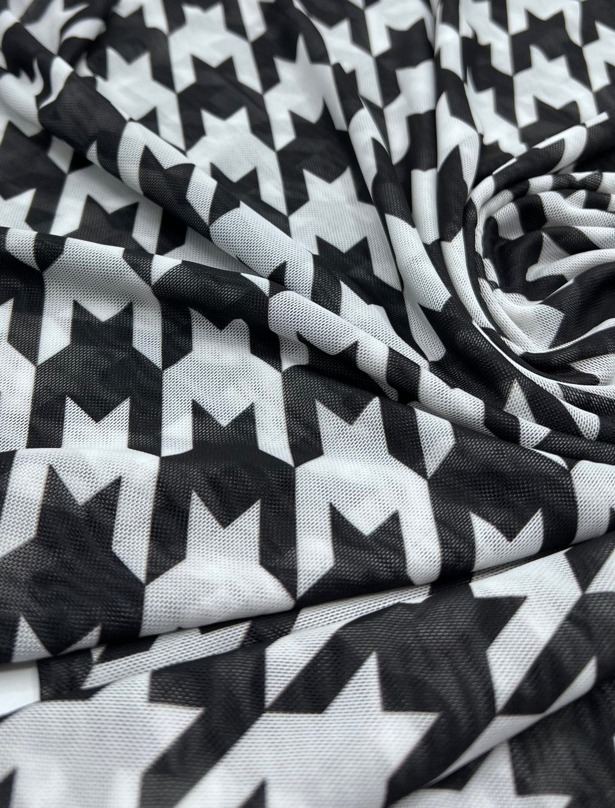 White Black Dogtooth Mesh Fabric Stretch
