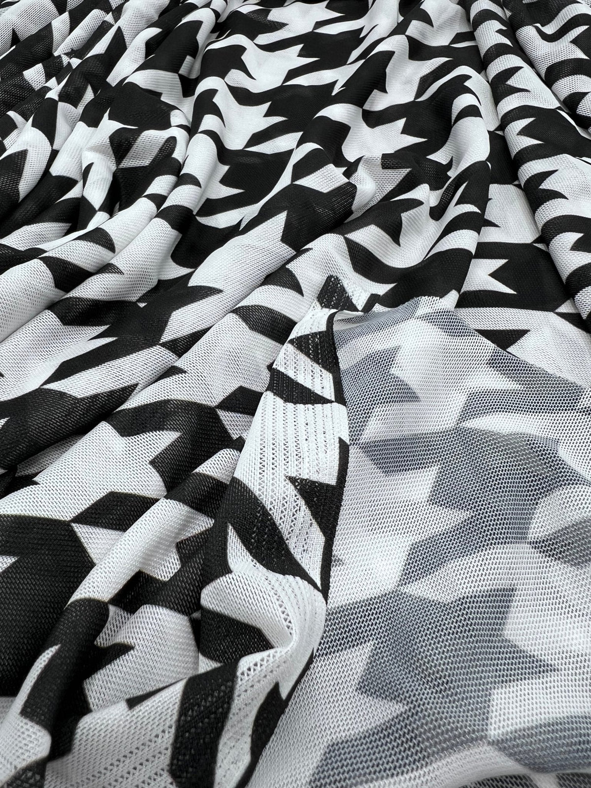 White Black Dogtooth Mesh Fabric Stretch