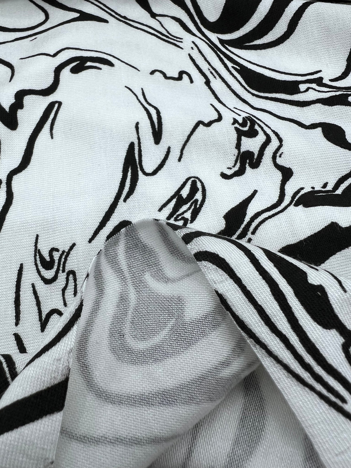 White Black Paint Print Viscose Elastane Fabric