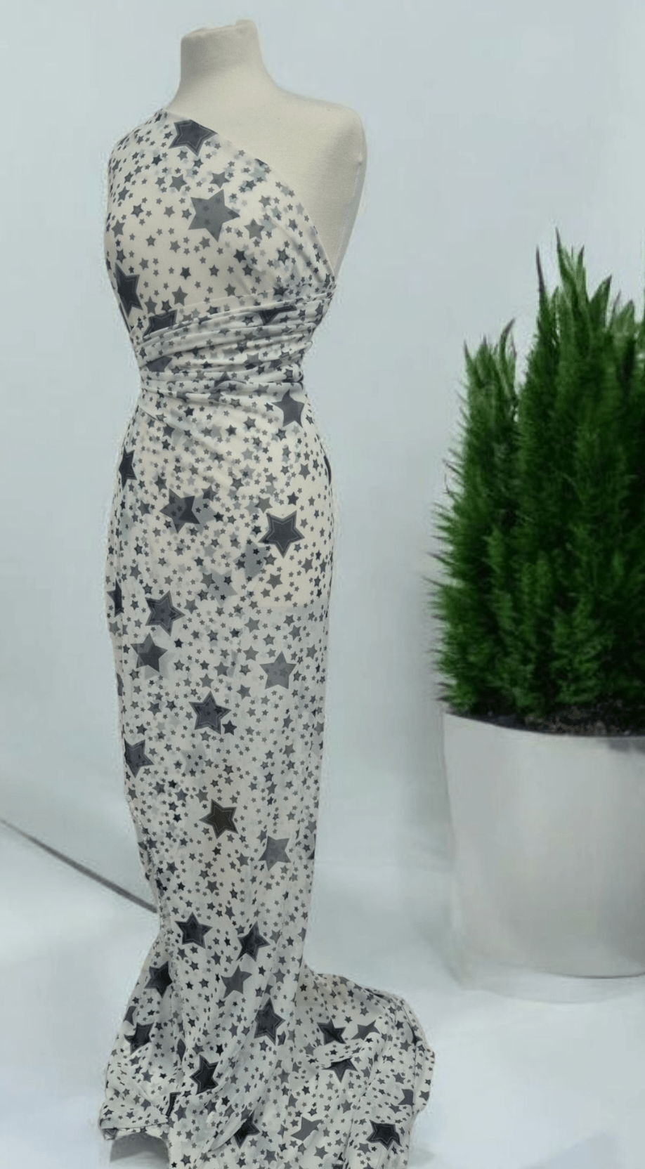 White Black Star Print Mesh Fabric Stretch
