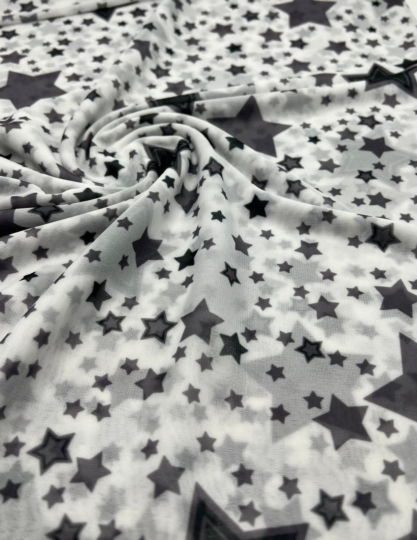White Black Star Print Mesh Fabric Stretch
