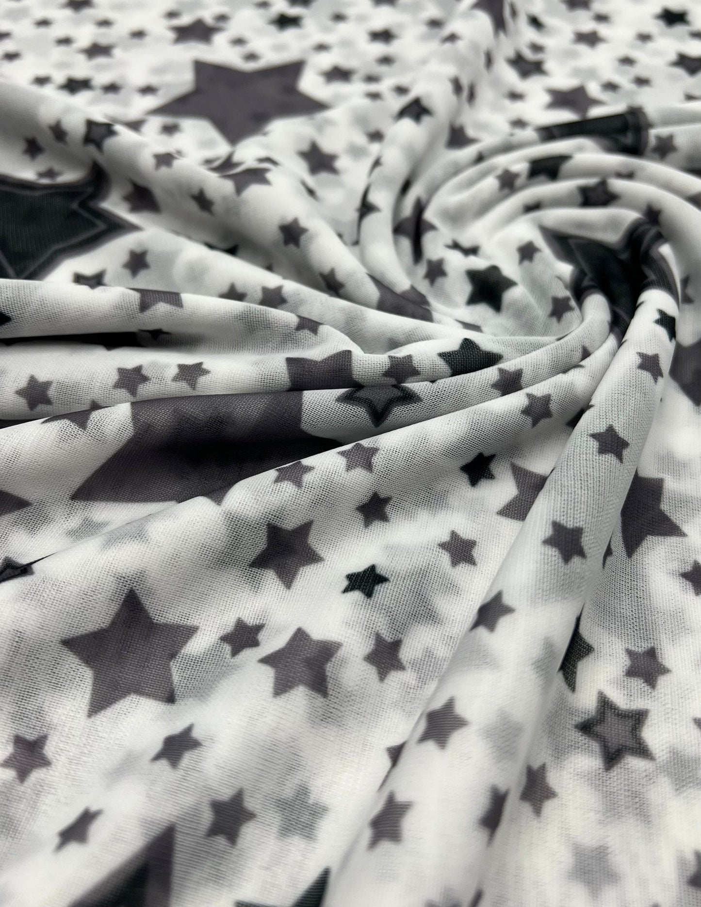 White Black Star Print Mesh Fabric Stretch