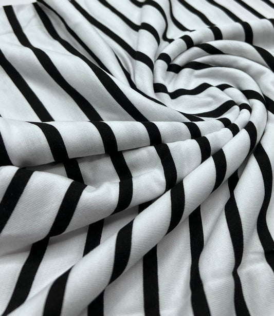 White Black Stripe Print Viscose Elastane Fabric