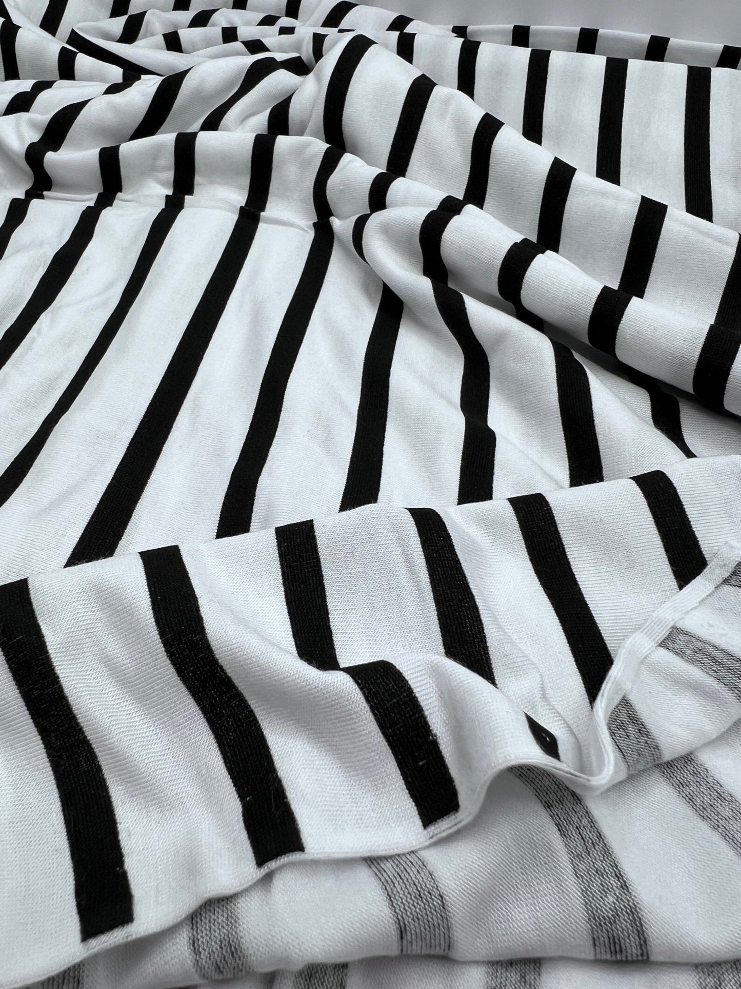 White Black Stripe Print Viscose Elastane Fabric