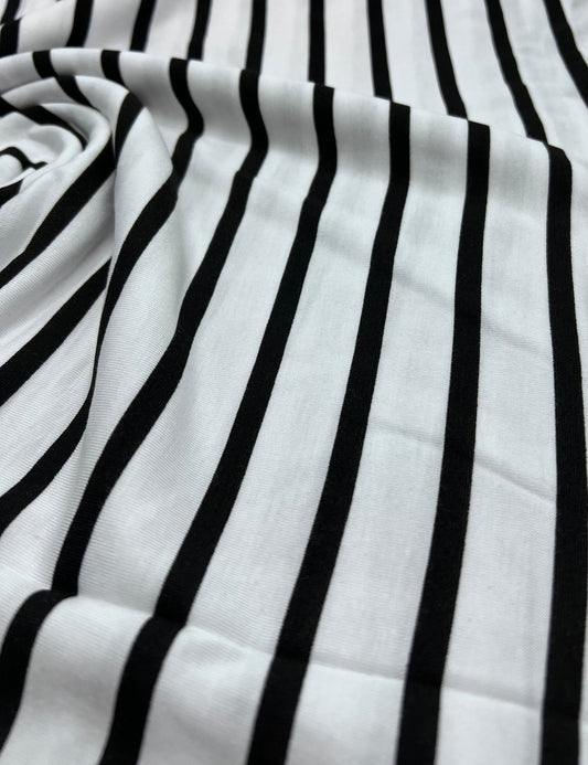 White Black Stripe Print Viscose Elastane Fabric