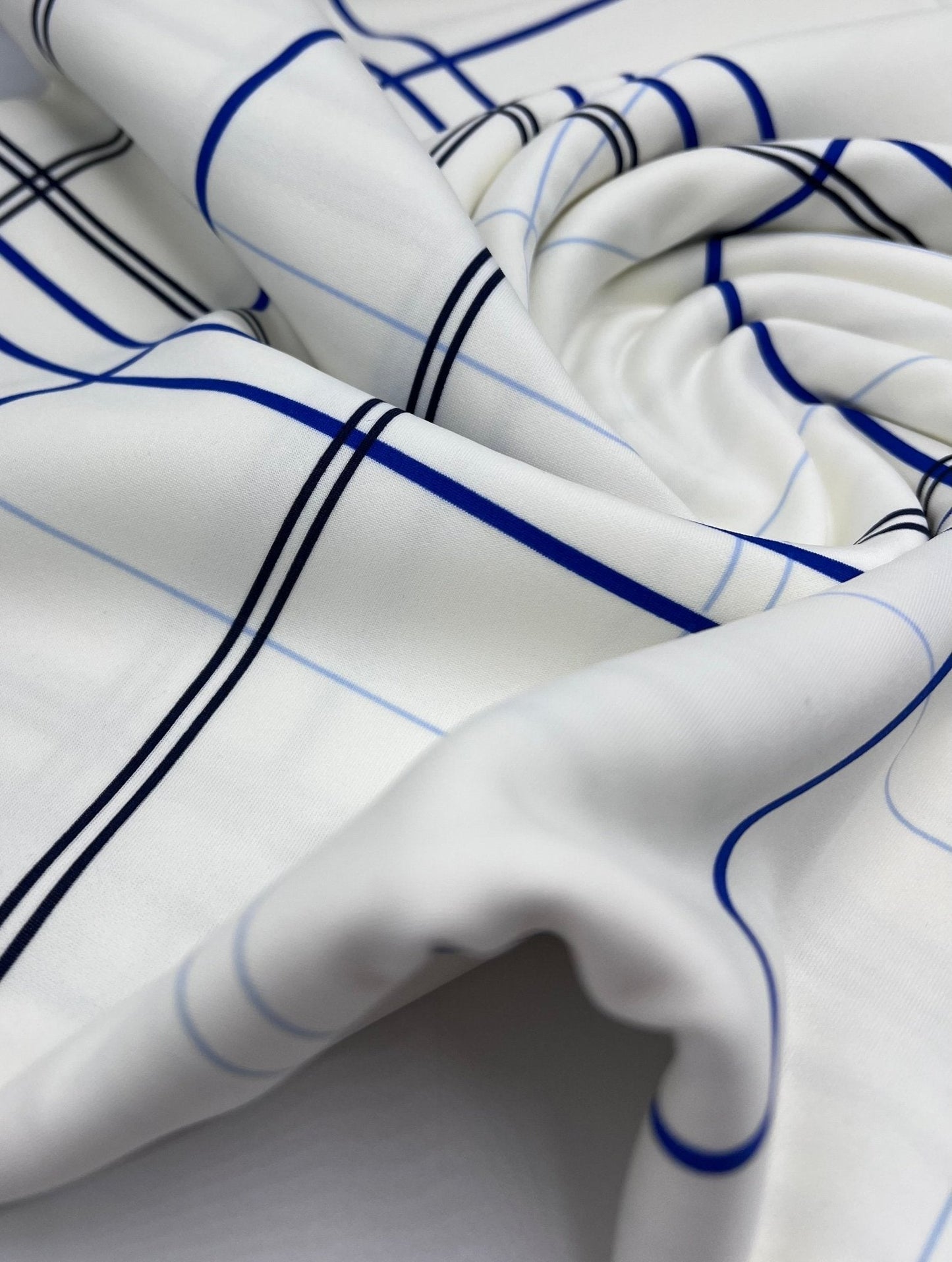 White Blue Check Printed Scuba Crepe Jersey Fabric 4 Way Stretch