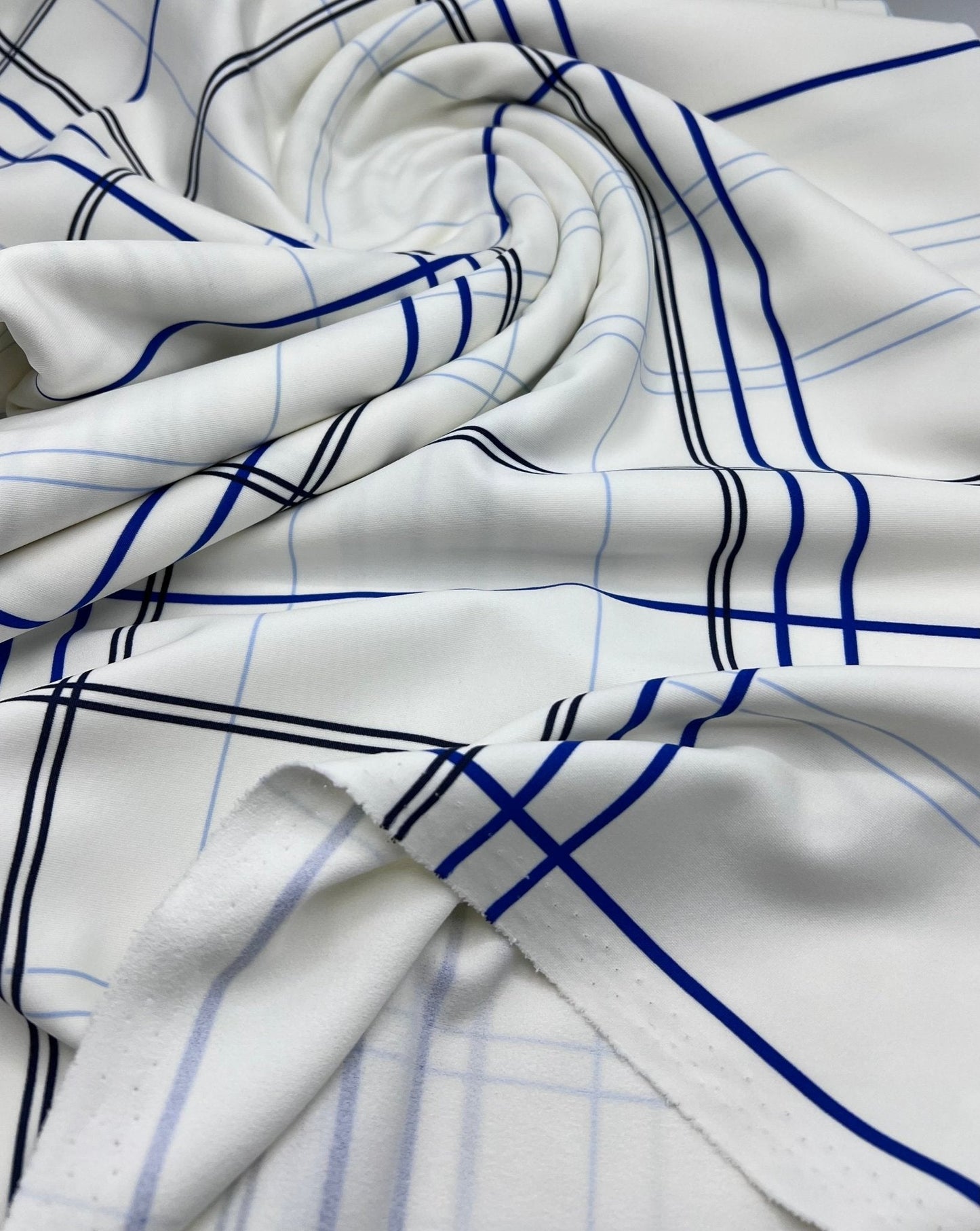 White Blue Check Printed Scuba Crepe Jersey Fabric 4 Way Stretch