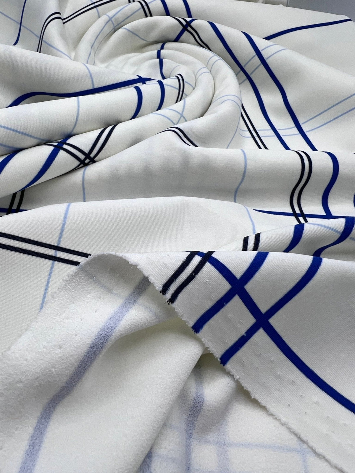 White Blue Check Printed Scuba Crepe Jersey Fabric 4 Way Stretch
