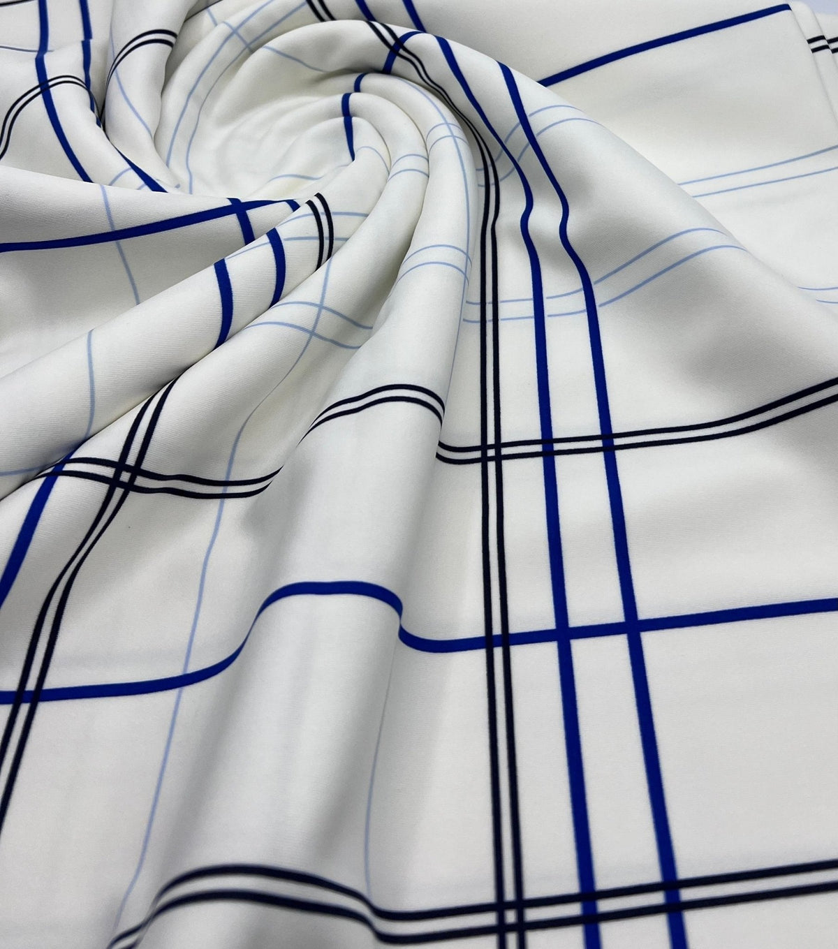 White Blue Check Printed Scuba Crepe Jersey Fabric 4 Way Stretch