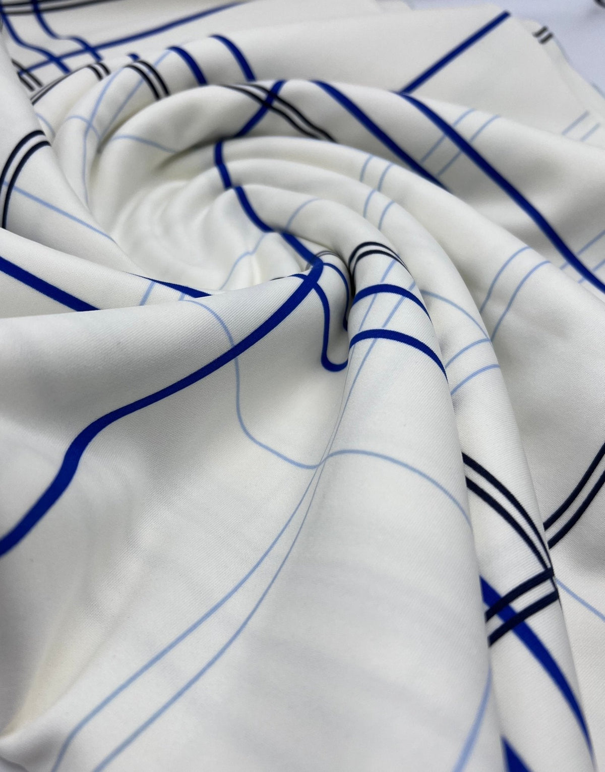 White Blue Check Printed Scuba Crepe Jersey Fabric 4 Way Stretch