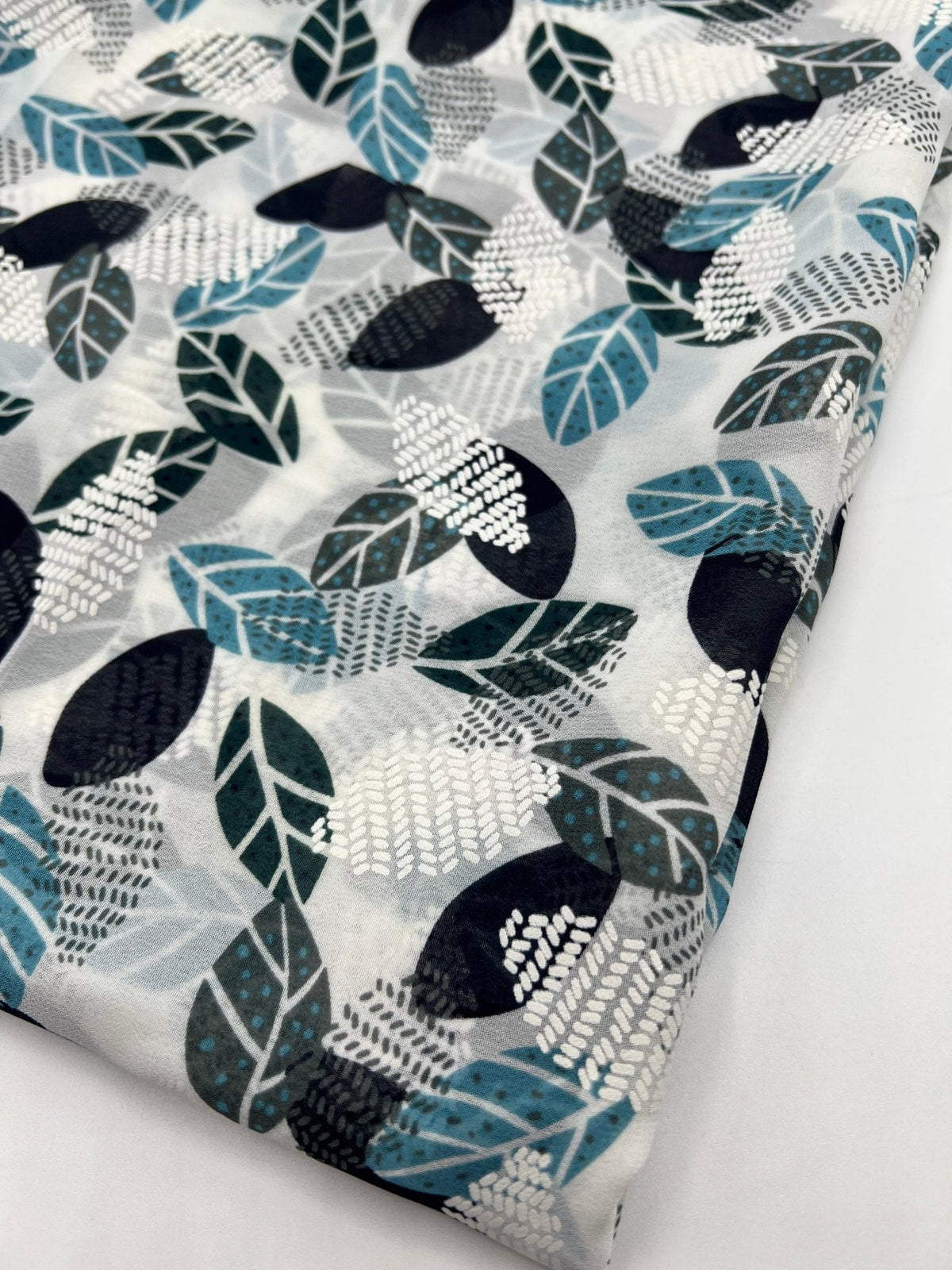 White Colorful Leaves Printed Chiffon Dress Fabric