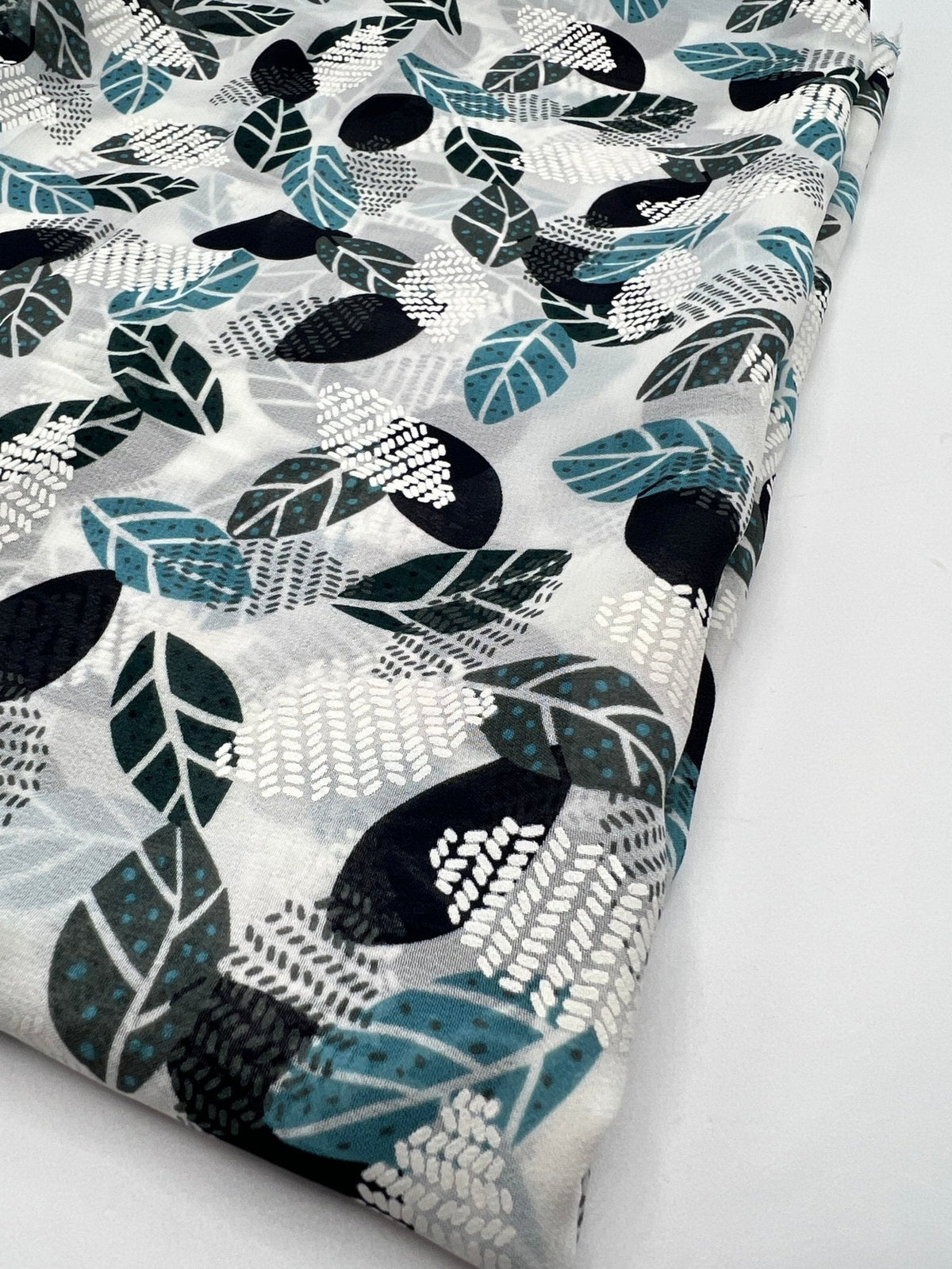 White Colorful Leaves Printed Chiffon Dress Fabric