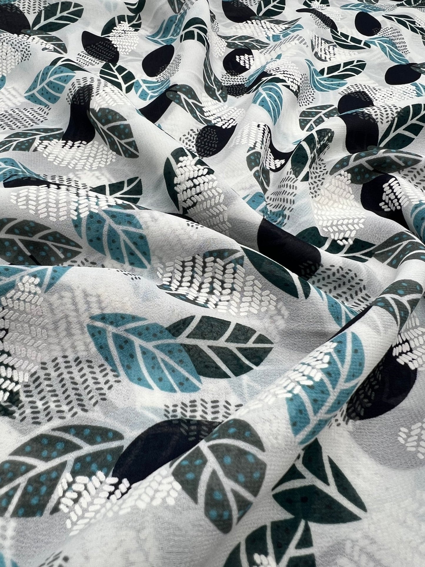 White Colorful Leaves Printed Chiffon Dress Fabric