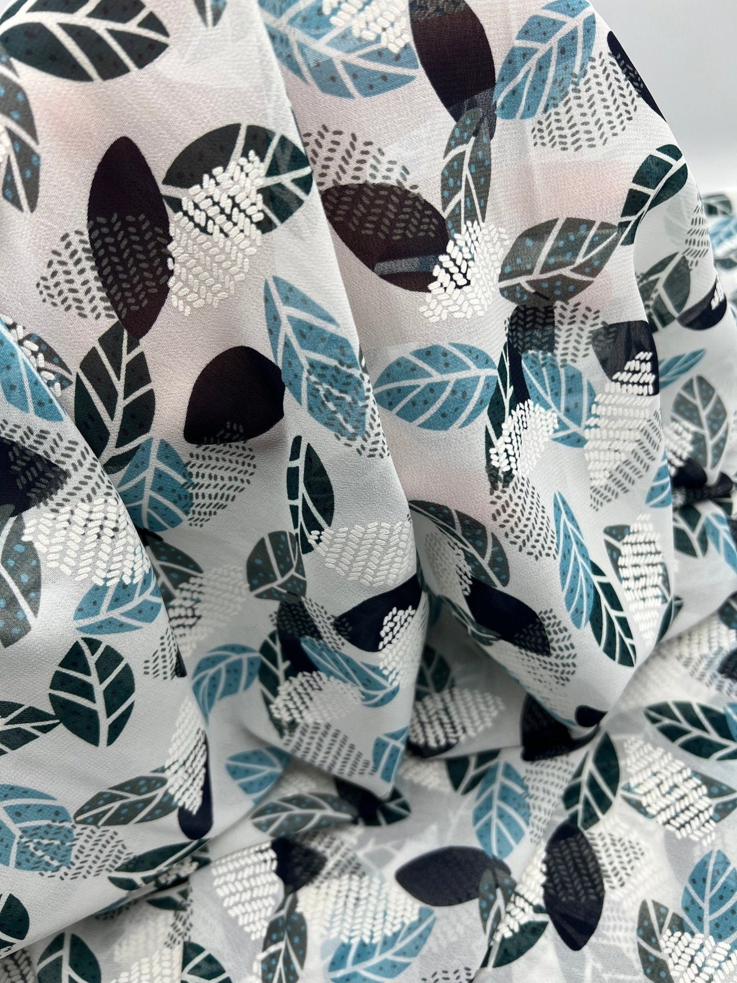 White Colorful Leaves Printed Chiffon Dress Fabric