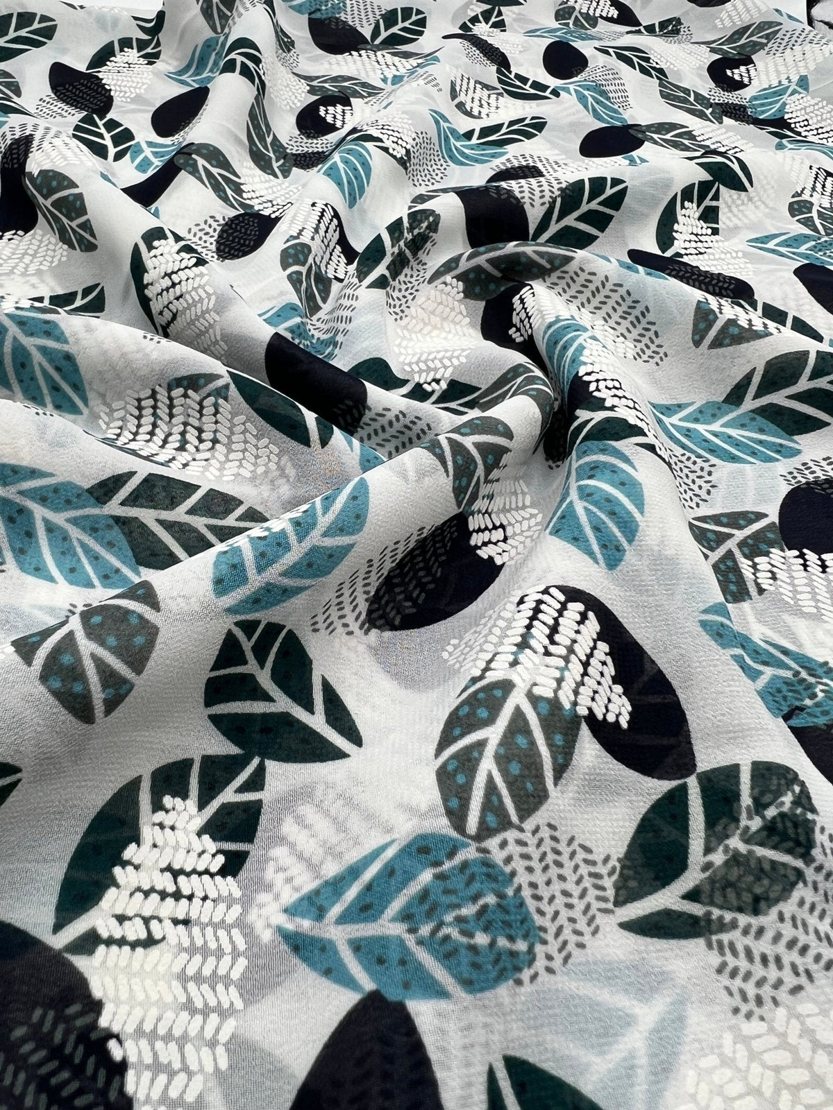 White Colorful Leaves Printed Chiffon Dress Fabric